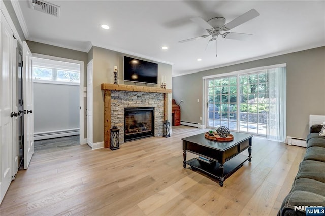 19 Mountain Rdg, Wayne, NJ 07470 - living area featuring baseboard heating, crown molding, a ceiling fan, a fireplace, and recessed lighting