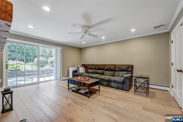 19 Mountain Rdg, Wayne, NJ 07470 - living room featuring ceiling fan, a baseboard heating unit, crown molding, wood finished floors, and recessed lighting