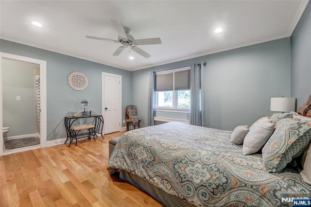 19 Mountain Rdg, Wayne, NJ 07470 - bedroom with light wood-style floors, recessed lighting, ornamental molding, ceiling fan, and ensuite bathroom