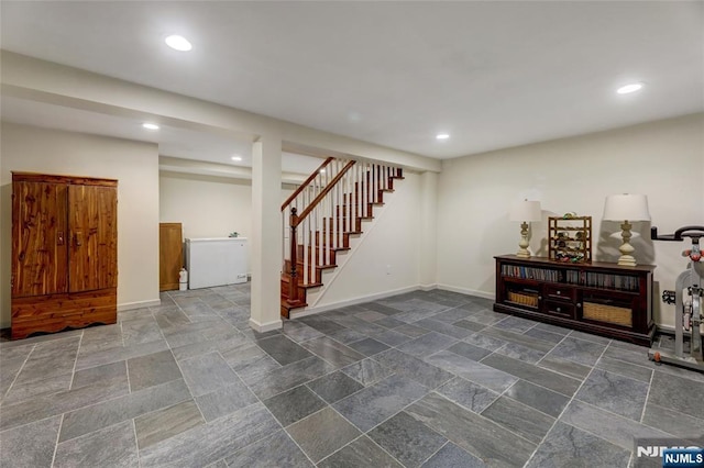 19 Mountain Rdg, Wayne, NJ 07470 - finished below grade area with stairway, recessed lighting, and dark stone finish floors