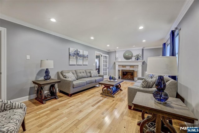 19 Mountain Rdg, Wayne, NJ 07470 - living area with wood finished floors, ornamental molding, a fireplace, and recessed lighting