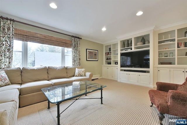 152 Highwood Ave, Tenafly, NJ 07670 - living room with crown molding, recessed lighting, light colored carpet, built in shelves, and a baseboard radiator