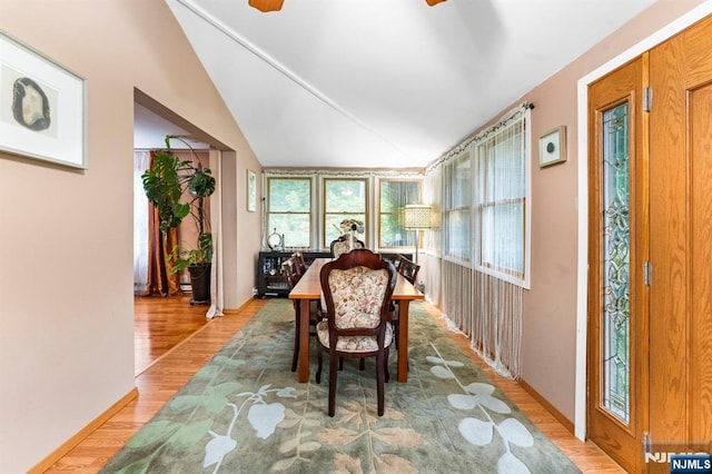 159 Oak Ridge Rd, West Milford, NJ 07438 - dining area featuring light wood finished floors, vaulted ceiling, and ceiling fan