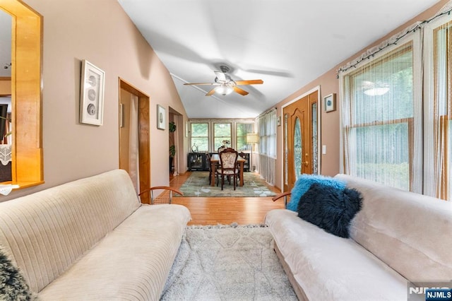 159 Oak Ridge Rd, West Milford, NJ 07438 - living area featuring wood finished floors, a ceiling fan, and vaulted ceiling