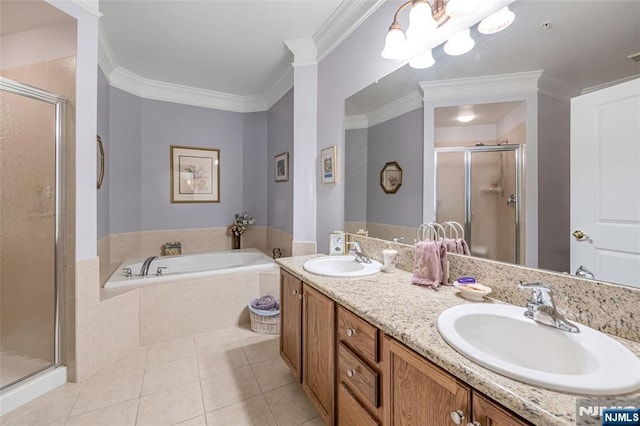7108 Ravenscroft Rd Unit 555, Clifton, NJ 07013 - full bath with a shower stall, double vanity, a bath, tile patterned flooring, and ornamental molding