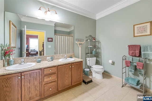 7108 Ravenscroft Rd Unit 555, Clifton, NJ 07013 - bathroom with double vanity, crown molding, tile patterned floors, and a shower with curtain