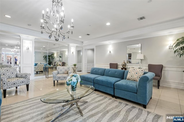 7108 Ravenscroft Rd Unit 555, Clifton, NJ 07013 - living room with a decorative wall, light tile patterned floors, ornamental molding, a chandelier, and wainscoting