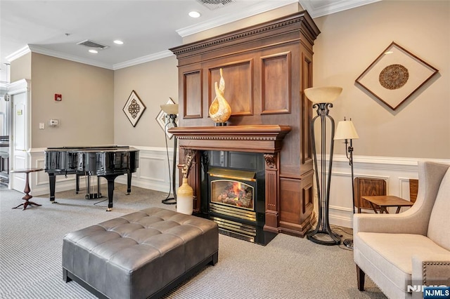 7108 Ravenscroft Rd Unit 555, Clifton, NJ 07013 - living area featuring carpet flooring, a fireplace with flush hearth, crown molding, a decorative wall, and wainscoting