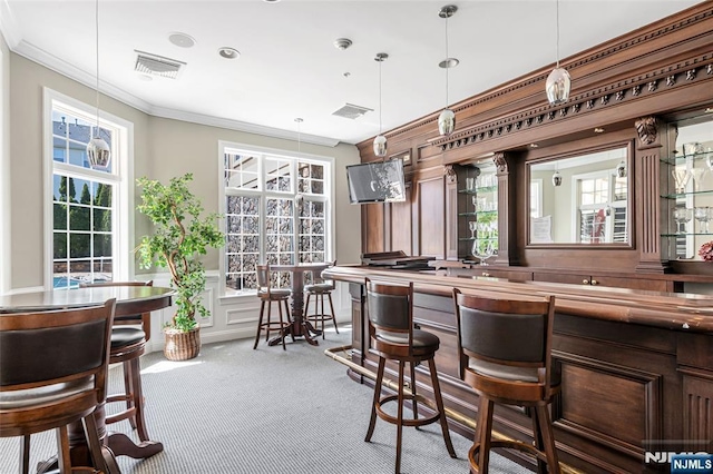 7108 Ravenscroft Rd Unit 555, Clifton, NJ 07013 - community bar area featuring carpet floors, crown molding, hanging light fixtures, a decorative wall, and wainscoting