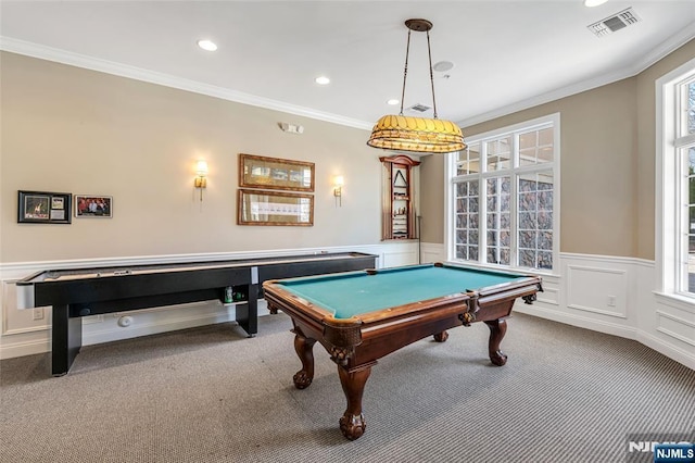 7108 Ravenscroft Rd Unit 555, Clifton, NJ 07013 - rec room featuring carpet flooring, crown molding, recessed lighting, wainscoting, and billiards table