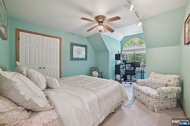 6 Summit, Kinnelon Borough, NJ 07405 - bedroom featuring light colored carpet, a closet, a ceiling fan, lofted ceiling, and track lighting