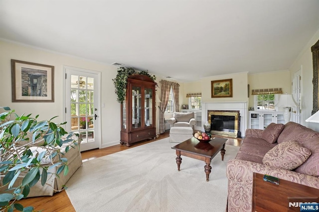 6 Summit, Kinnelon Borough, NJ 07405 - living room featuring plenty of natural light, a glass covered fireplace, wood finished floors, and crown molding