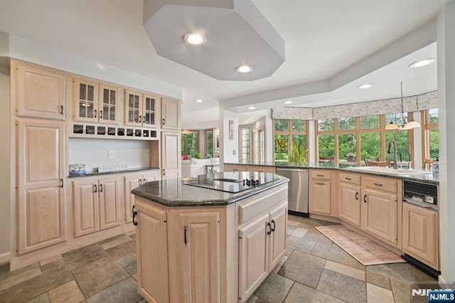 6 Summit, Kinnelon Borough, NJ 07405 - kitchen with dishwasher, black electric stovetop, light brown cabinets, stone tile floors, and a center island