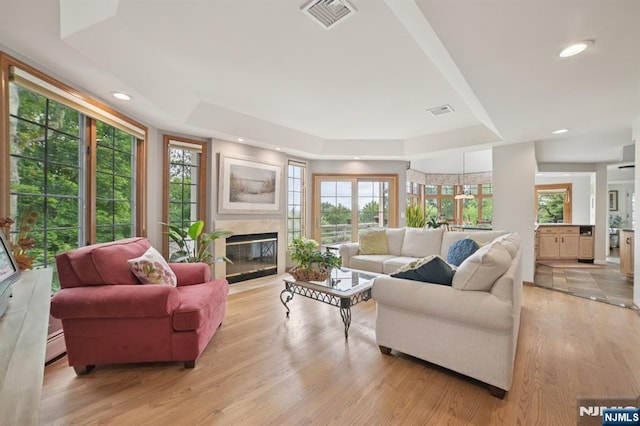 6 Summit, Kinnelon Borough, NJ 07405 - living area with a raised ceiling, light wood finished floors, a high end fireplace, plenty of natural light, and recessed lighting