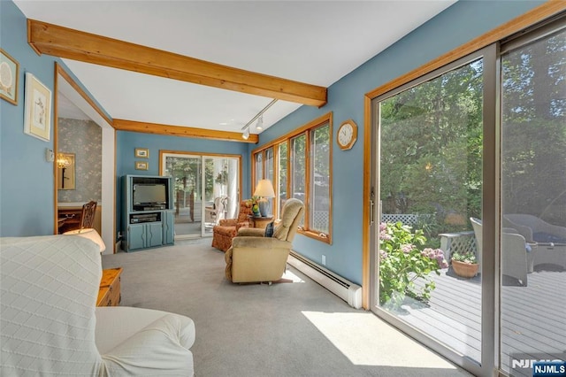 486 Summit Ave, Oradell, NJ 07649 - sunroom with baseboard heating, carpet floors, and beam ceiling