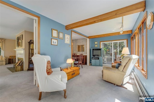486 Summit Ave, Oradell, NJ 07649 - living area with carpet, a baseboard heating unit, a fireplace with flush hearth, beam ceiling, and rail lighting