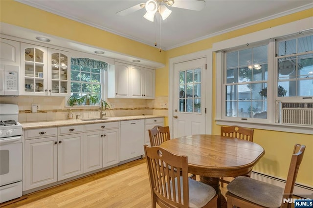 486 Summit Ave, Oradell, NJ 07649 - kitchen with white appliances, ceiling fan, white cabinets, backsplash, and light wood-type flooring