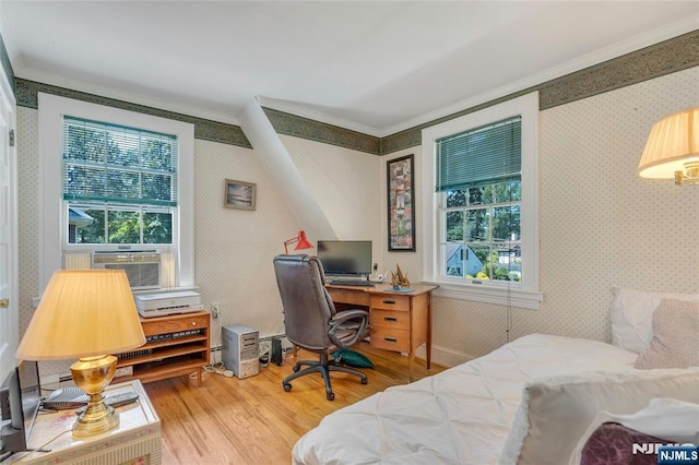 486 Summit Ave, Oradell, NJ 07649 - bedroom with wallpapered walls, wood finished floors, ornamental molding, cooling unit, and multiple windows