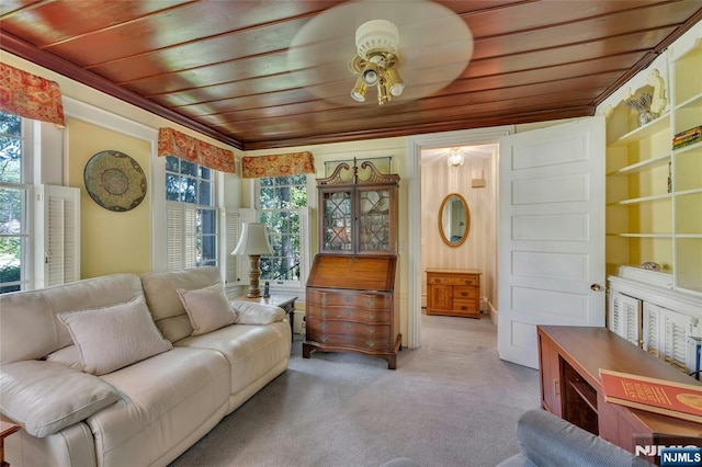 486 Summit Ave, Oradell, NJ 07649 - living area featuring wooden ceiling, a ceiling fan, plenty of natural light, and carpet floors