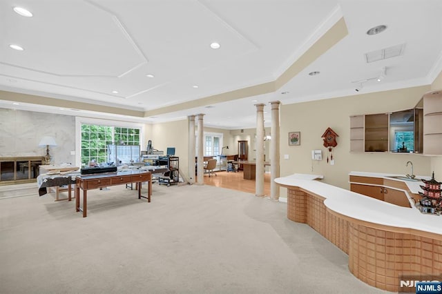 326 Ridge Rd, Cedar Grove, NJ 07009 - rec room featuring ornate columns, ornamental molding, light carpet, recessed lighting, and a raised ceiling