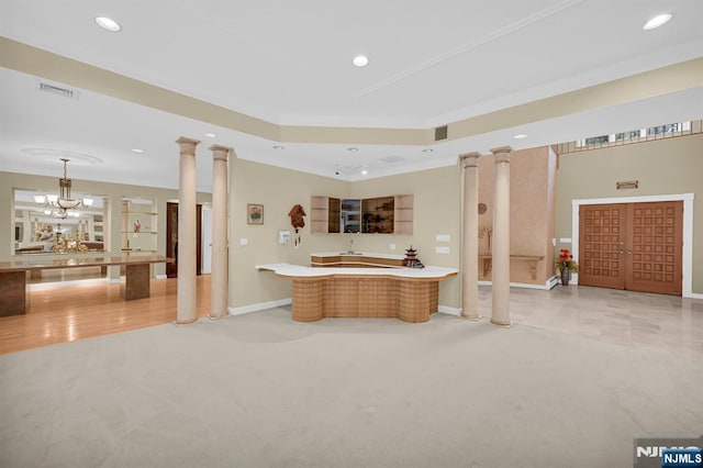326 Ridge Rd, Cedar Grove, NJ 07009 - full bath with recessed lighting, a freestanding tub, decorative columns, ornamental molding, and a tray ceiling