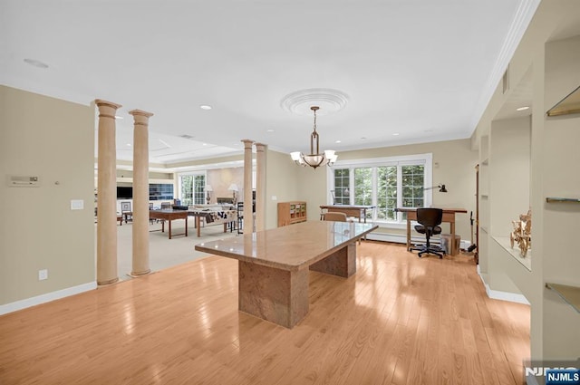 326 Ridge Rd, Cedar Grove, NJ 07009 - kitchen with ornate columns, light wood finished floors, a kitchen island, light stone countertops, and recessed lighting