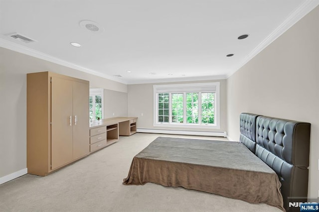 326 Ridge Rd, Cedar Grove, NJ 07009 - bedroom with a baseboard radiator, multiple windows, ornamental molding, light carpet, and recessed lighting
