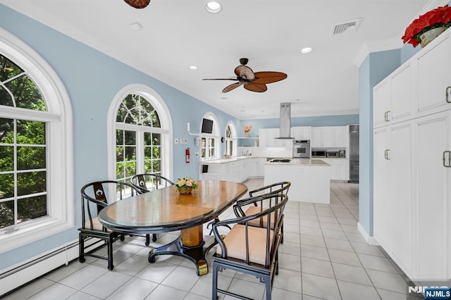 326 Ridge Rd, Cedar Grove, NJ 07009 - dining area with ceiling fan, recessed lighting, baseboard heating, and light tile patterned floors
