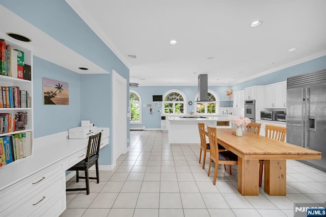 326 Ridge Rd, Cedar Grove, NJ 07009 - dining area featuring ornamental molding, recessed lighting, light tile patterned floors, and a baseboard heating unit