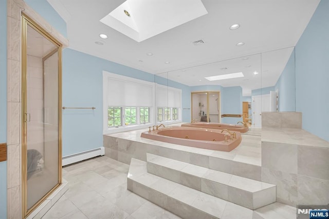 326 Ridge Rd, Cedar Grove, NJ 07009 - full bath with a baseboard radiator, a skylight, a jetted tub, recessed lighting, and a shower stall
