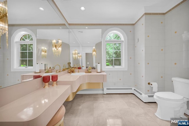 326 Ridge Rd, Cedar Grove, NJ 07009 - bathroom featuring vanity, tile patterned floors, tile walls, and baseboard heating