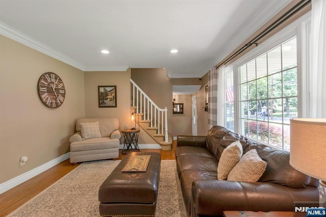 611 Maze Rd, River Vale, NJ 07675 - living area with wood finished floors, crown molding, stairway, and recessed lighting