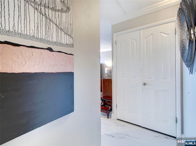 250 Gorge Rd Unit 23I, Cliffside Park, NJ 07010 - hall featuring marble finish flooring and crown molding