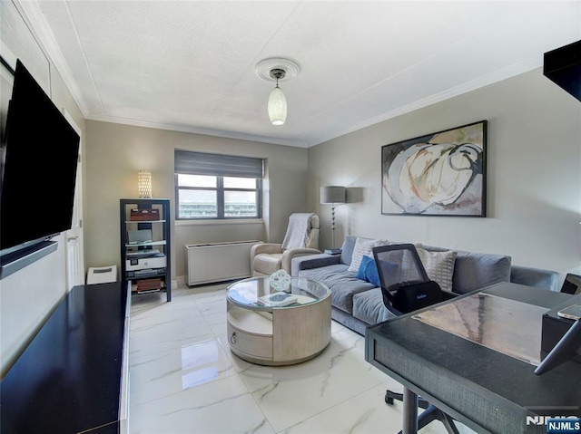 250 Gorge Rd Unit 23I, Cliffside Park, NJ 07010 - living area featuring crown molding and marble look tiles