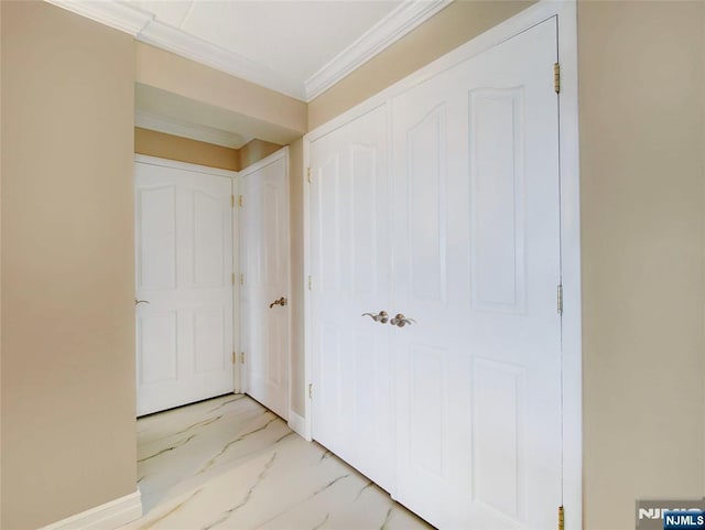 250 Gorge Rd Unit 23I, Cliffside Park, NJ 07010 - unfurnished bedroom with marble finish floors, a closet, and crown molding