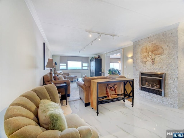 250 Gorge Rd Unit 23I, Cliffside Park, NJ 07010 - living room featuring ornamental molding, rail lighting, a fireplace, and marble finish flooring