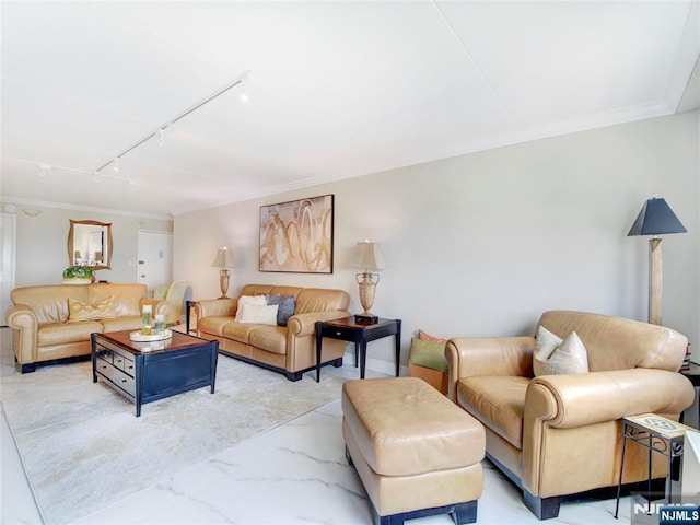 250 Gorge Rd Unit 23I, Cliffside Park, NJ 07010 - living room with track lighting, light marble finish floors, and ornamental molding