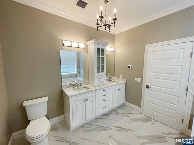 104 Sunset Pl Unit A, Palisades Park, NJ 07650 - bathroom featuring a chandelier, marble look tile flooring, double vanity, and crown molding