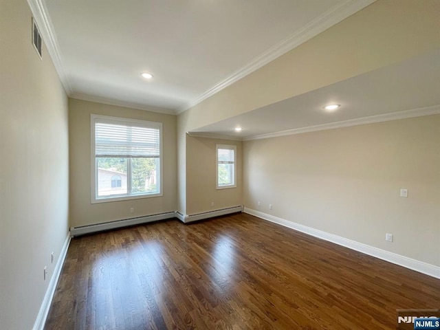 104 Sunset Pl Unit A, Palisades Park, NJ 07650 - spare room featuring dark wood-style flooring, baseboard heating, ornamental molding, and recessed lighting