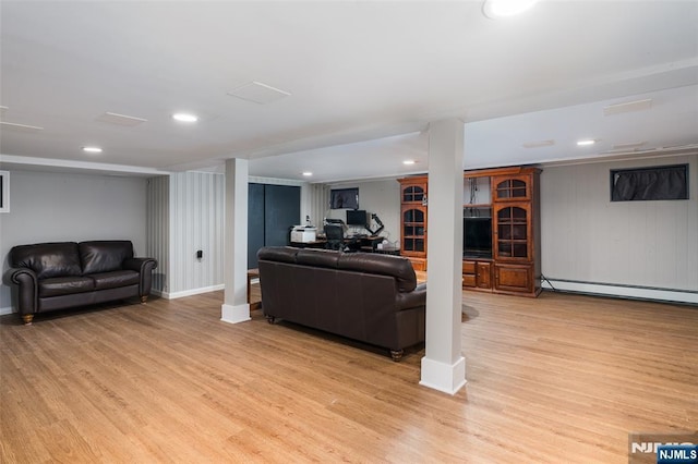 5 Rhinesmith Ave, Wanaque, NJ 07465 - living area featuring light wood-style floors, a baseboard radiator, and recessed lighting