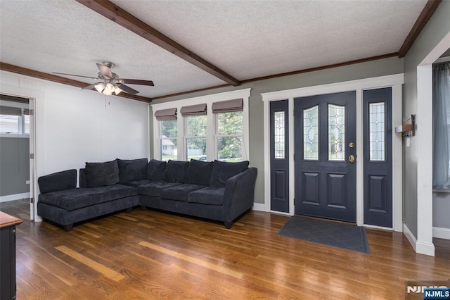 5 Rhinesmith Ave, Wanaque, NJ 07465 - living area with wood finished floors, ceiling fan, a textured ceiling, and ornamental molding