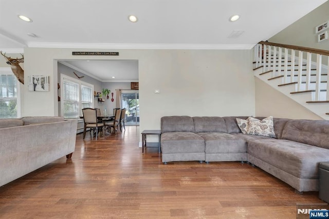18 Gillies St, Clifton, NJ 07013 - living area with ornamental molding, wood finished floors, recessed lighting, and stairs