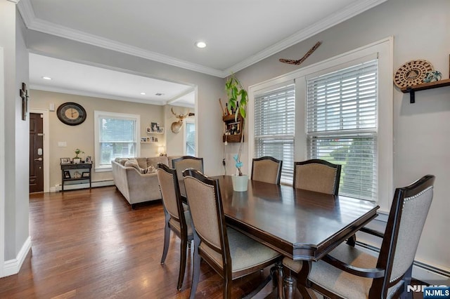 18 Gillies St, Clifton, NJ 07013 - dining room featuring dark wood-style floors, ornamental molding, a baseboard heating unit, and recessed lighting