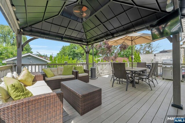 18 Gillies St, Clifton, NJ 07013 - wooden terrace with an outdoor living space, outdoor dining space, a grill, and a gazebo