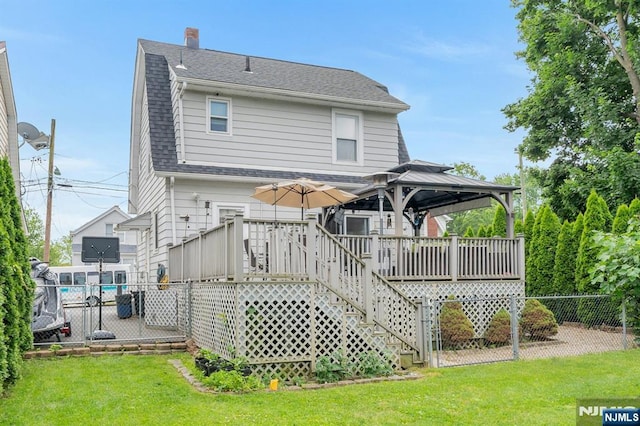 18 Gillies St, Clifton, NJ 07013 - back of house with a gazebo, stairs, a wooden deck, roof with shingles, and a chimney