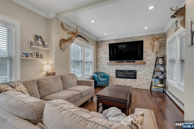 18 Gillies St, Clifton, NJ 07013 - living room featuring a baseboard radiator, wood finished floors, ornamental molding, recessed lighting, and a stone fireplace