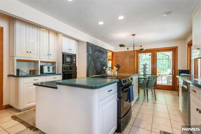 69 Mount Pleasant Rd, Knowlton, NJ 07832 - kitchen featuring black appliances, recessed lighting, dark countertops, white cabinetry, and light tile patterned floors