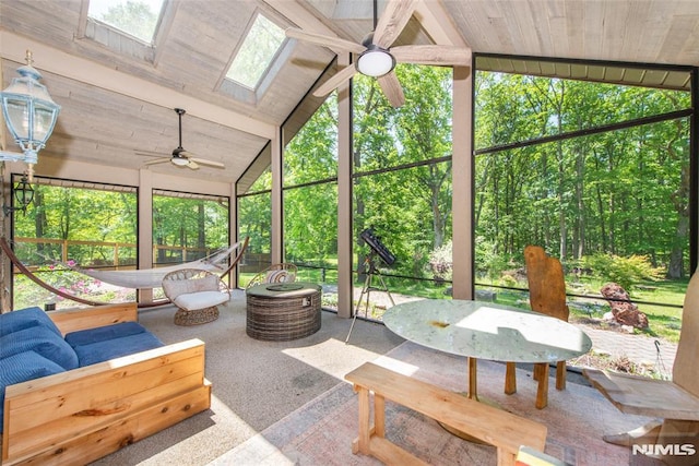 69 Mount Pleasant Rd, Knowlton, NJ 07832 - sunroom / solarium featuring ceiling fan, outdoor dining area, a skylight, and lofted ceiling