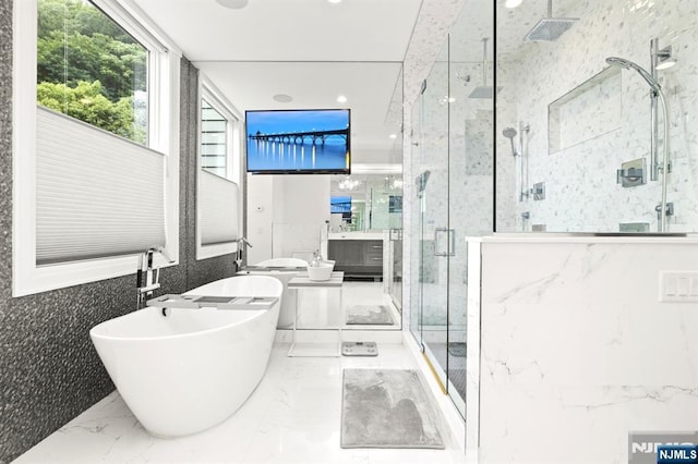 12 Hooks Ln, Edgewater, NJ 07020 - full bath featuring a marble finish shower, vanity, a freestanding tub, marble tiled floors, and recessed lighting