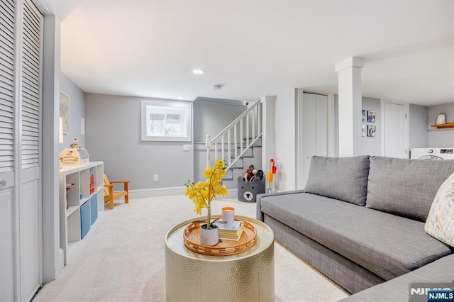 20 Brighton Ave, Bloomfield, NJ 07003 - living room featuring carpet, stairway, recessed lighting, and washer / dryer